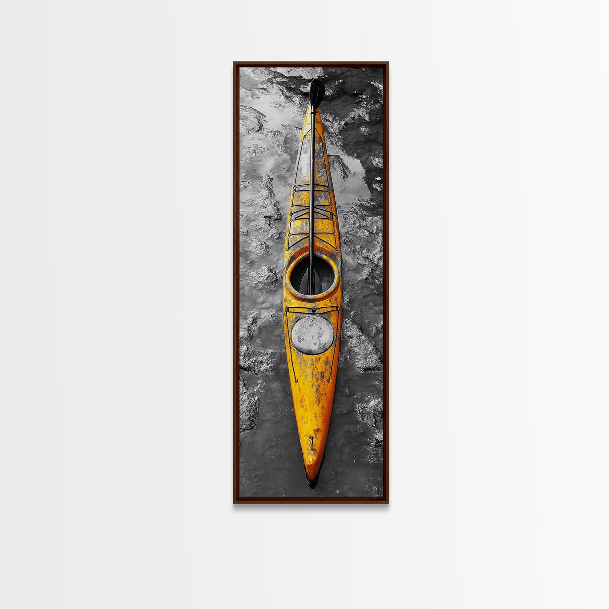 Yellow Kayak, Muddied Shoreline, Solo Adventure, Framed Canvas Print, Rustic Outdoors Decor, Autumn Wall Art, Boho Kayaking Style