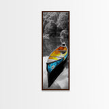 Blue and Yellow Canoe, Calm River Reflections, Rustic Boat Scene, Framed Canvas Print, Autumn Wall Art, Nature Inspired Decor