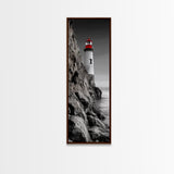 Red Lighthouse Art, Nautical Coastal Scene, Moody Seaside Decor, Framed Canvas Print, Ocean Wall Art, Bathroom or Office Accent