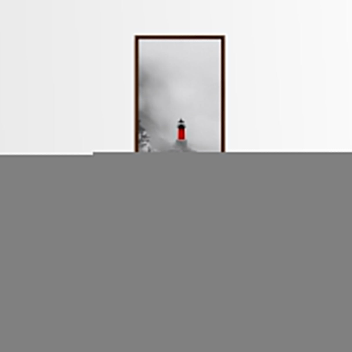 Misty Lighthouse View, Red Beacon Decor, Coastal Minimalist Art, Framed Canvas Print, Modern Seascape Living Room Wall Decor