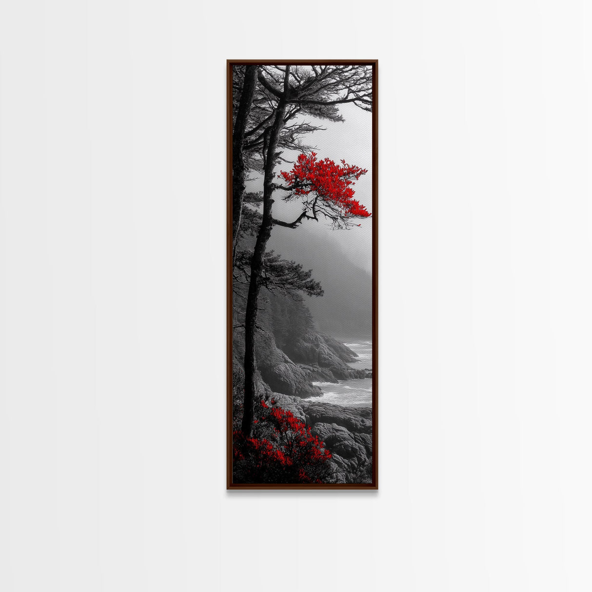 Red Tree, Misty Coast, Autumn Serenity, Coastal Nature Wall Art, Framed Canvas Print, Moody Landscape, Fall Living Room Decor, Minimalist Art