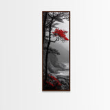 Red Tree, Misty Coast, Autumn Serenity, Coastal Nature Wall Art, Framed Canvas Print, Moody Landscape, Fall Living Room Decor, Minimalist Art