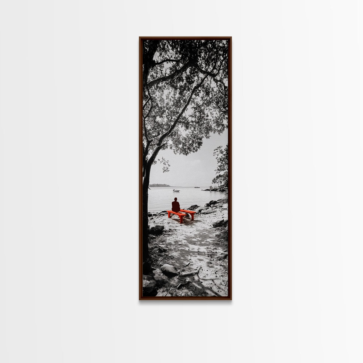 Lonely Figure, Red Bench, Reflective Scene, Peaceful Beach Wall Art, Framed Canvas Print, Black and White Photography, Zen Room Decor