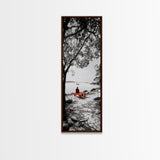 Lonely Figure, Red Bench, Reflective Scene, Peaceful Beach Wall Art, Framed Canvas Print, Black and White Photography, Zen Room Decor