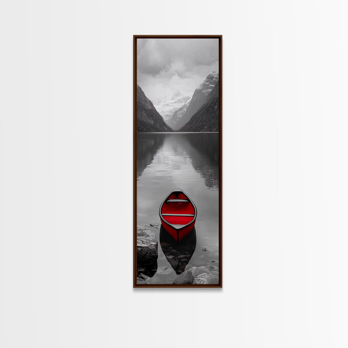 Red Canoe, Mountain Lake, Minimalist Reflection, Snowy Peaks, Framed Canvas Print, Nordic Cabin Wall Art, Serene Bedroom Decor