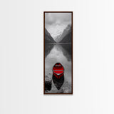 Red Canoe, Mountain Lake, Minimalist Reflection, Snowy Peaks, Framed Canvas Print, Nordic Cabin Wall Art, Serene Bedroom Decor