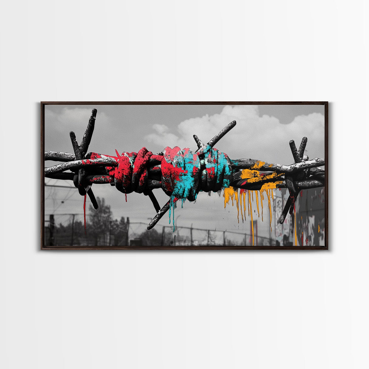 Barbed Wire, Graffiti Art, Urban Street Style, Grunge Decor, Framed Canvas Print, Industrial Wall Art, Dripping Paint, Mixed Media Style