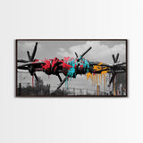 Barbed Wire, Graffiti Art, Urban Street Style, Grunge Decor, Framed Canvas Print, Industrial Wall Art, Dripping Paint, Mixed Media Style