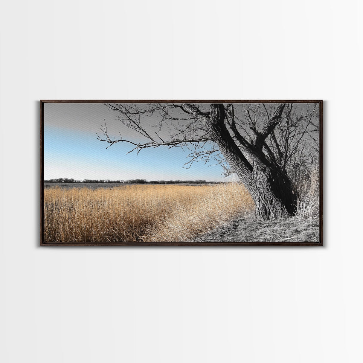 Open Plains, Blue Sky, Rustic Tree, Minimalist Field, Canvas Print, Country Style Wall Art, Farmhouse Hallway Decor, Soft Landscape Mood