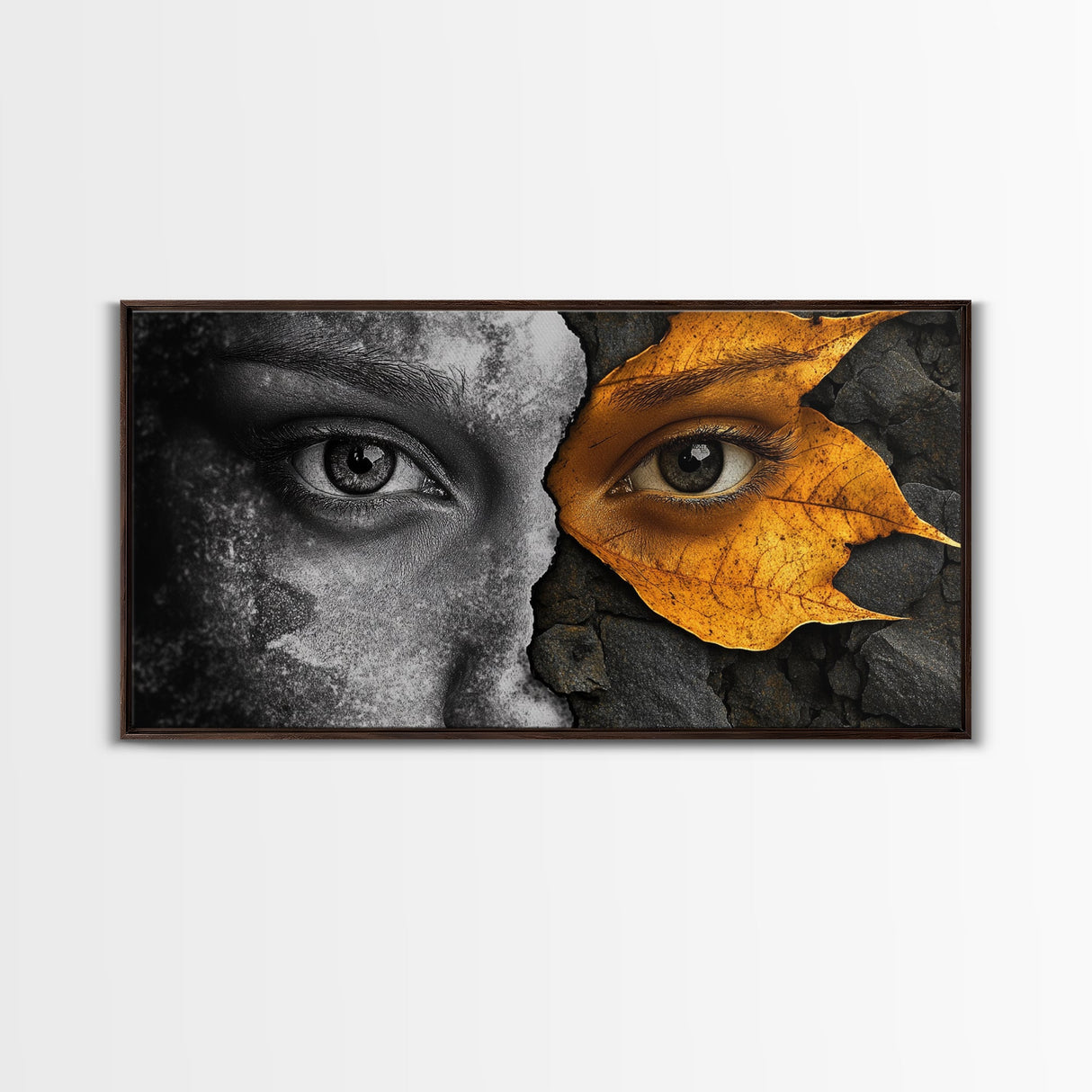 Eyes, Autumn, Leaves, Emotional duality in surreal leaf-face art on this Framed Canvas Print, Fall Decor and Unique Modern Living Room Art