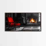 Fireplace, Red Chair, Cozy firelight and bold red accent chair on this Framed Canvas Print, Cozy Fall Living Room Art, Cabin Decor Accent