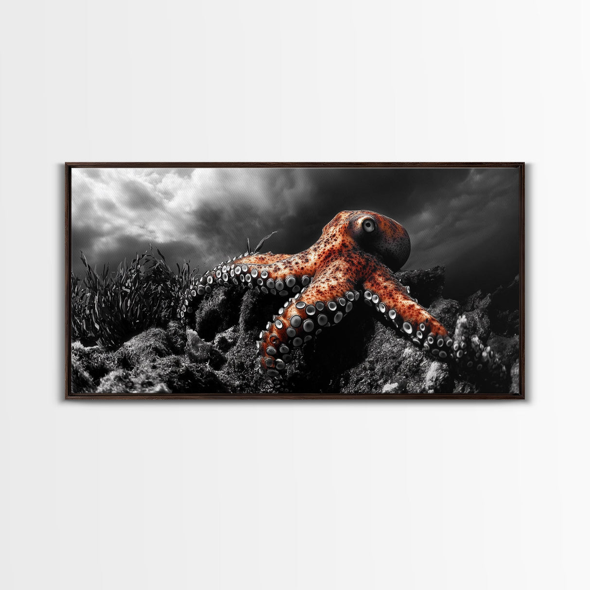 Octopus Ocean, Sea Creature Art, Deep Sea Wall Art, Marine Decor, Framed Canvas Print, Bathroom Wall Art, Moody Nautical, Coastal Vibes