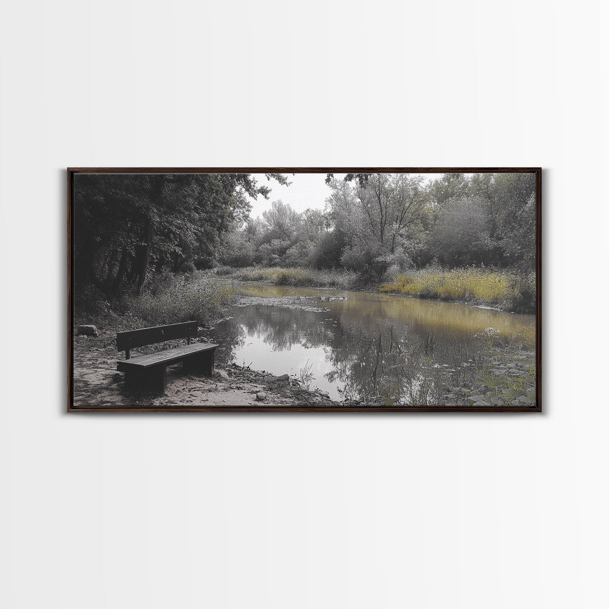 Tranquil Forest, Peaceful Pond, Autumn Riverbank, Framed Canvas Print, Nature Photography, Entryway Art, Fall Vibes, Rustic Wall Decor