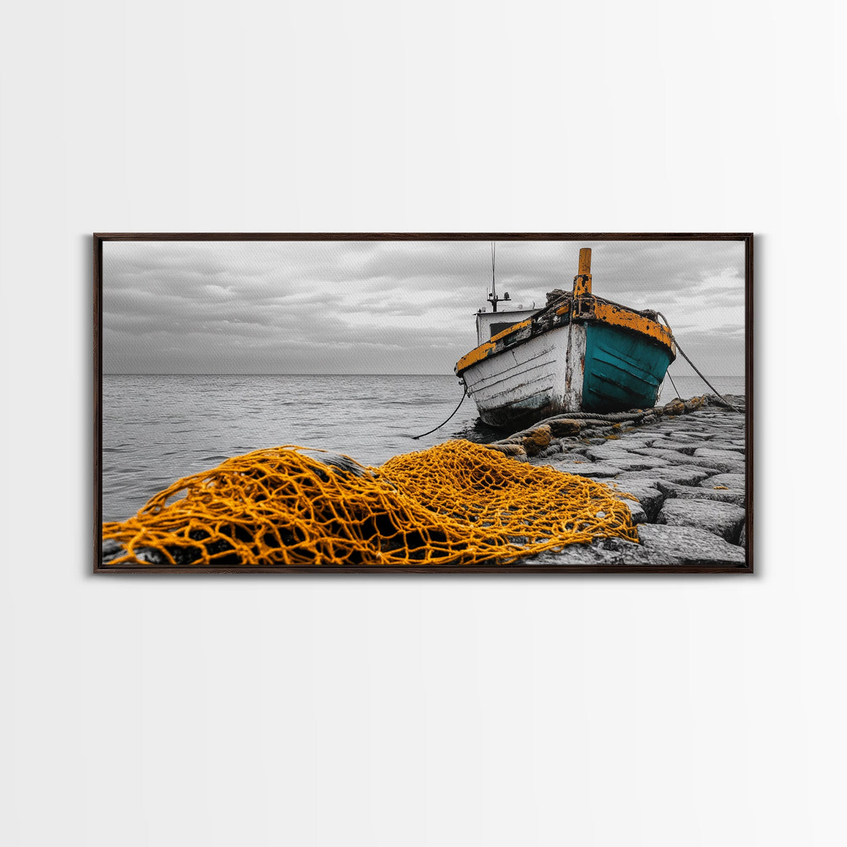 Fishing Boat, Coastal Life, Yellow Net, Framed Canvas Print, Nautical Decor, Beach House Wall Art, Seaside Photography, Ocean Lover Gift