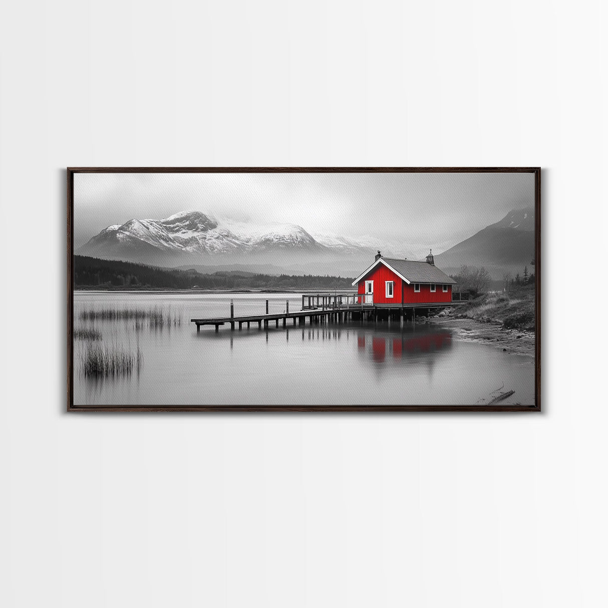Red Cabin, Lake House, Mountain Reflection, Framed Canvas Print, Nordic Art, Winter Landscape, Bedroom Wall Art, Modern Minimalist Decor