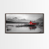 Red Cabin, Lake House, Mountain Reflection, Framed Canvas Print, Nordic Art, Winter Landscape, Bedroom Wall Art, Modern Minimalist Decor