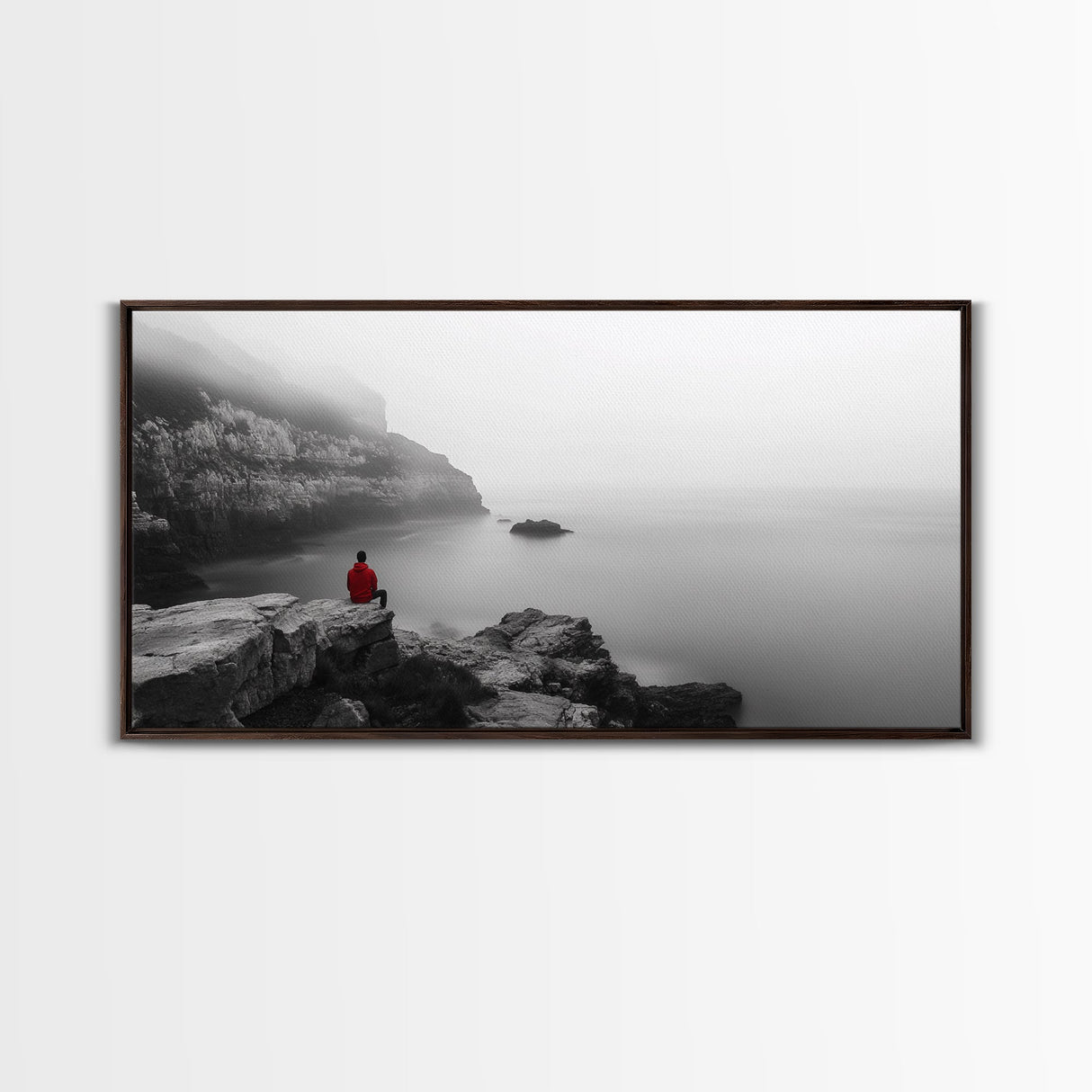 Red Hoodie, Ocean Cliff, Misty Silence, Framed Canvas Print, Minimalist Solitude Art, Mental Health Awareness, Bedroom Wall Decor, Calm Scene