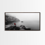 Red Hoodie, Ocean Cliff, Misty Silence, Framed Canvas Print, Minimalist Solitude Art, Mental Health Awareness, Bedroom Wall Decor, Calm Scene