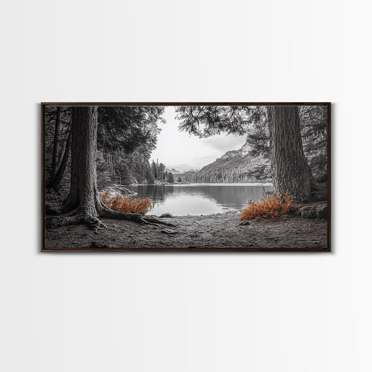 Forest Lake, Autumn Leaves, Nature Path, Woodland Style, Framed Canvas Print, Rustic Wall Art, Entryway Art, Cabin Wall Decor