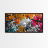 Autumn Trees, Colorful Forest, Fall Foliage, Looking Up, Framed Canvas Print, Vibrant Nature, Living Room Wall Art, Boho Style