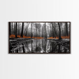 Reflected Forest, Orange Leaves, Tranquil River, Monochrome Fall, Canvas Print, Rustic Decor, Bedroom Wall Art, Woodland Scene