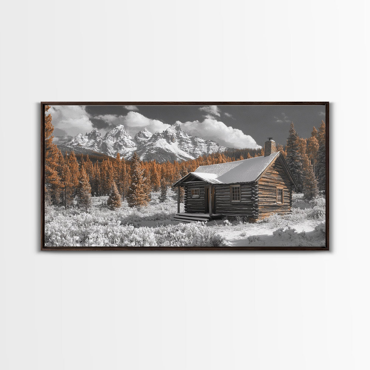 Snowy Cabin, Winter Landscape, Mountain Lodge, Rustic Retreat, Framed Canvas Print, Cozy Wall Art, Cabin Living, Holiday Decor