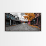 Wild West Town, Autumn Trees, Empty Street, Color Pop, Framed Canvas Print, Rustic Wall Decor, Hallway Art, Americana Style