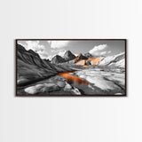 Glacial Canyon, Orange Reflection, Monochrome Mountain, Fall Landscape, Framed Canvas Print, Rustic Wall Decor, Adventure Photography