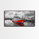 Red Boat, Dock Reflections, Moody Sky, Harbor Life, Framed Canvas Print, Nautical Wall Decor, Coastal Art, Living Room Art, Maritime Style