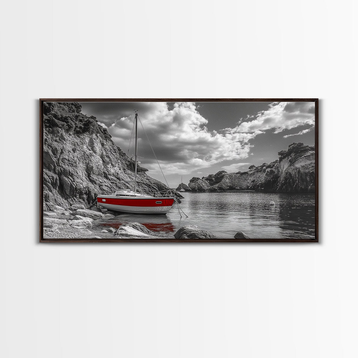 Red Sailboat, Rocky Cove, Tranquil Water, Coastal Escape, Canvas Print, Nautical Wall Art, Minimalist Seaside Style, Black White Art