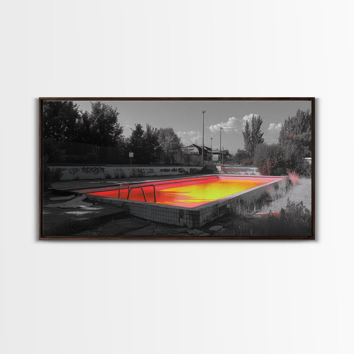 Abandoned Pool, Neon Water, Urban Decay, Vivid Glow, Canvas Print, Grunge Wall Art, Teen Bedroom Decor, Street Photography, Color Pop