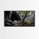 Forest Cave, Green Tree, Yellow Wildflowers, Peaceful Nature, Framed Canvas Print, Rustic Wall Decor, Cabin Living Room Art, Landscape