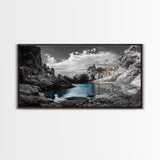 Hidden Cove, Blue Waters, Rugged Coast, Rocky Escape, Canvas Print, Nature Wall Art, Minimalist Seascape, Monochrome Landscape