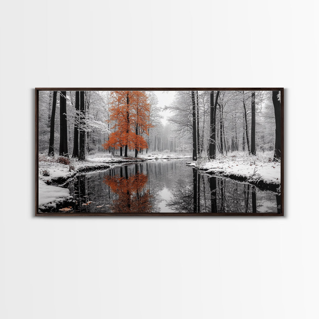 Orange Tree, Snow Forest, Winter River, Autumn Contrast, Canvas Print, Fall Wall Decor, Living Room Art, Nature Photography, Moody Art