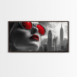 Red Lips, Urban Glam, High Fashion, City Vibes – Framed Canvas Print, Modern Pop Art, Living Room Wall Art, Bold Aesthetic, Edgy Decor