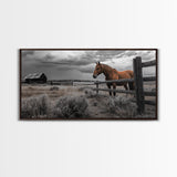 Rustic Horse, Country Fence, Western Scene, Moody Skies – Framed Canvas Print, Farmhouse Wall Art, Autumn Decor, Cabin Living, Cowboy Vibe