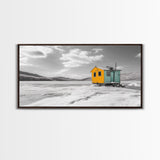 Yellow Cabin, Frozen Lake, Snowy Escape, Winter Minimalism – Framed Canvas Print, Scandinavian Wall Art, Cozy Living Room, Nordic Style