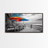 Ocean Café, Coastal Dining, Bright Umbrellas, Seaside View, Framed Canvas Print, Kitchen Wall Art, Beachfront Vibe, Color Pop Style