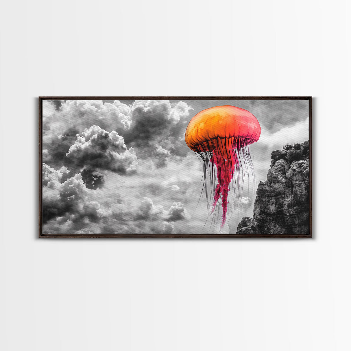 Orange Jellyfish, Floating Creature, Surreal Sky, Dreamlike Scene – Canvas Print, Nautical Wall Art, Living Room Piece, Ocean Fantasy