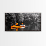 Kayaker Journey, Autumn Paddle, Wilderness Escape, Forest Calm – Canvas Print, Adventure Wall Art, Man Cave Decor, Nature Exploration Scene