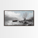 Solitary Boat, Alpine Lake, Tranquil Shore, Winter Silence – Canvas Print, Minimalist Wall Art, Bedroom Decor, Scandinavian Aesthetic