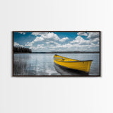 Yellow Rowboat, Calm Waters, Blue Sky, Sunny Lake – Framed Canvas Print, Summer Wall Art, Coastal Decor, Modern Nautical Style