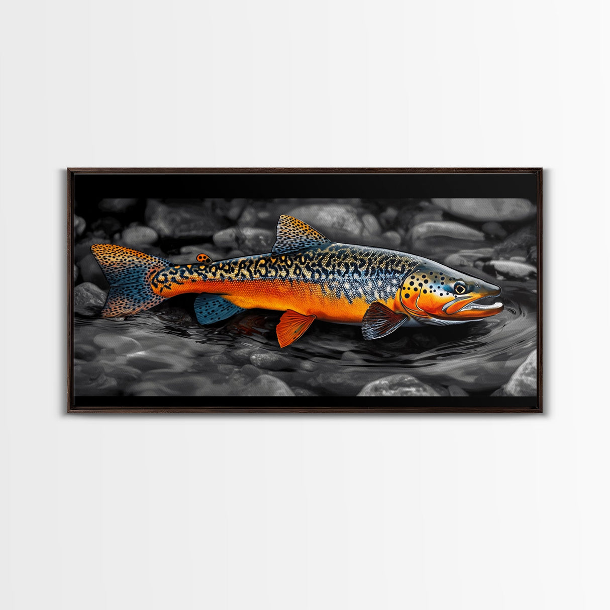 Rainbow Trout, Colorful Fish, Bold Patterns, River Stream – Framed Canvas Print, Fishing Wall Art, Cabin Decor, Rustic Wildlife