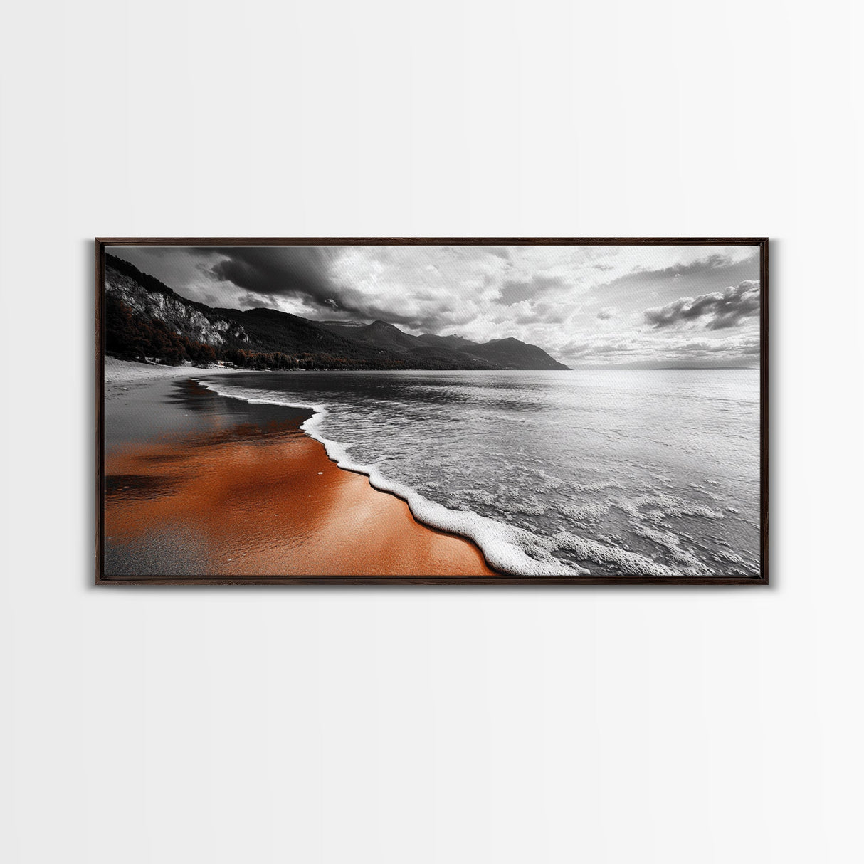 Sunset Shore, Moody Coastline, Crimson Reflections, Stormy Skies – Framed Canvas Print, Beach Wall Art, Coastal Living Room Decor