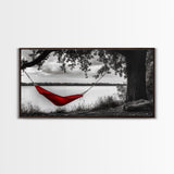 Red Hammock, Lakeside View, Tranquil Nature, Tree Shade, Framed Canvas Print, Boho Wall Art, Bedroom Decor, Relaxing Forest Landscape