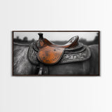 Western Saddle, Leather Detail, Horseback Art, Rustic Charm, Framed Canvas Print, Cowboy Wall Art, Farmhouse Decor, Equestrian Living Room