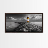 Yellow Lighthouse, Stone Jetty, Coastal Clouds, Nautical Scene, Framed Canvas Print, Coastal Wall Art, Office Decor, Lighthouse Photography