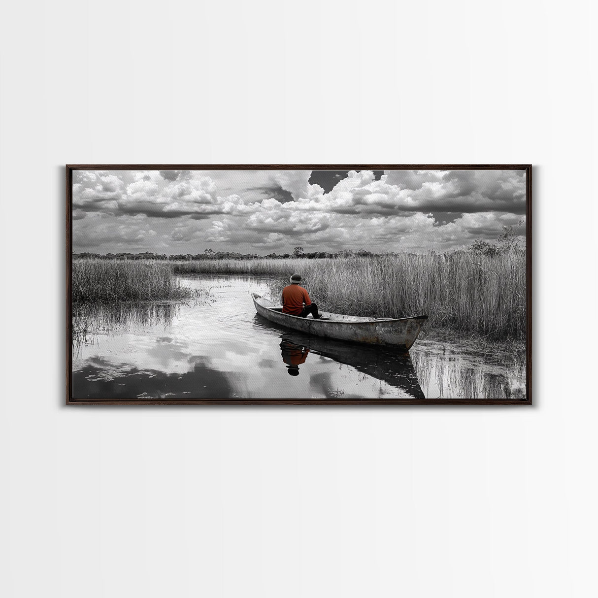 Solitary Canoe, Peaceful Waters, Cloudy Sky, Red Shirt, Framed Canvas Print, Nature Explorer Gift, Cabin Wall Art, Rustic Fall Scene