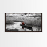 Solitary Canoe, Peaceful Waters, Cloudy Sky, Red Shirt, Framed Canvas Print, Nature Explorer Gift, Cabin Wall Art, Rustic Fall Scene