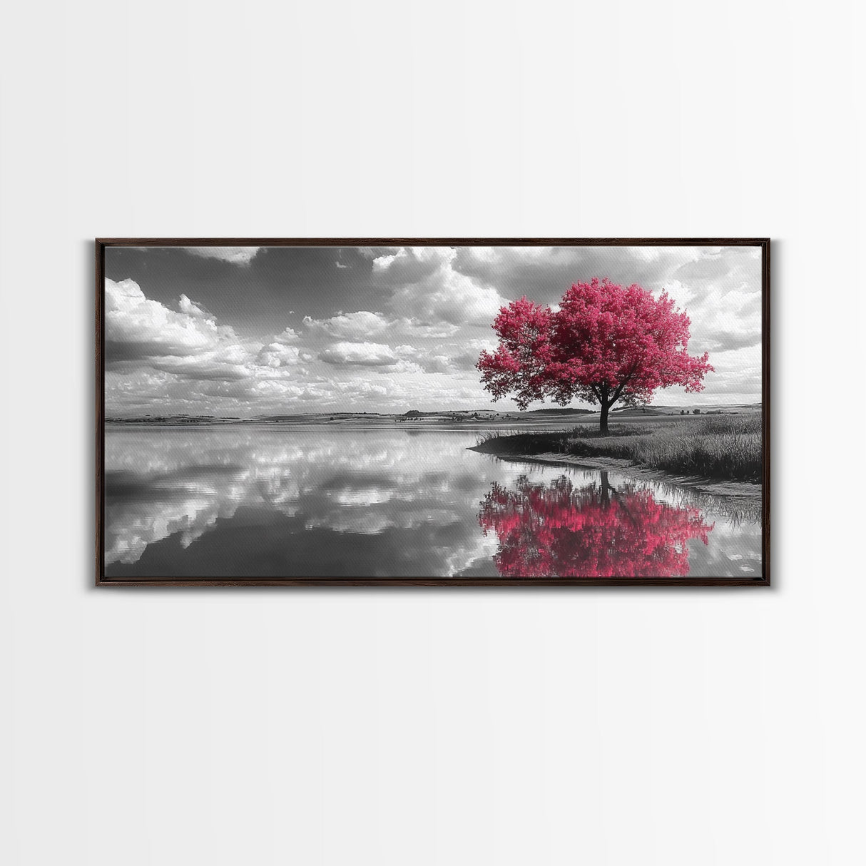 Pink Tree Reflections, Minimal Nature Art, Monochrome Landscape Canvas Print, Tranquil Bedroom or Living Room Wall Decor